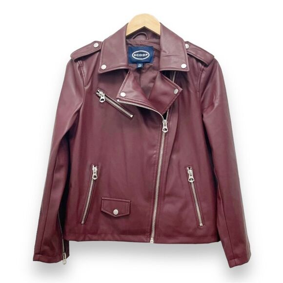Scoop Faux Leather Moto Jacket Tawny Port Wine Biker Jacket Women’s Size Small - Picture 4 of 12